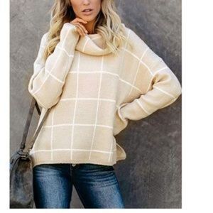 New Grid Pattern Turtleneck Knitted Jumper Sweater
